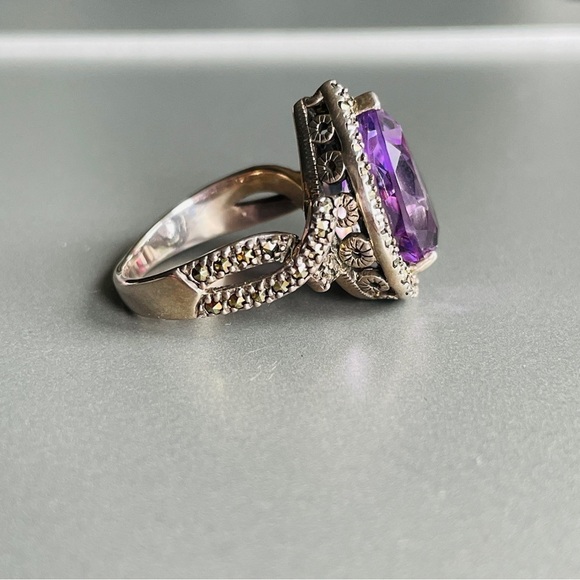 Amethyst, Marcasite Teardrop Sterling Silv. PJ Designer Ring February Bi… - Picture 7 of 12